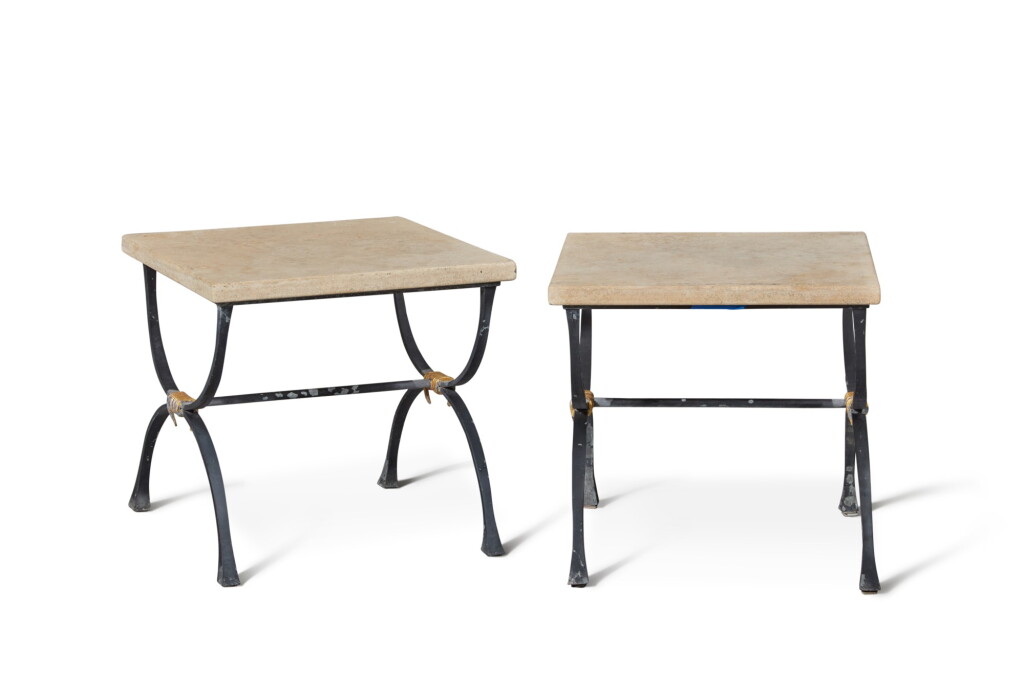 View full screen - View 1 of Lot 172. A Pair of Grey/Black Painted and Parcel Gilt Wrought Iron Low Tables, Supplied by JP Molyneux Studio Ltd.