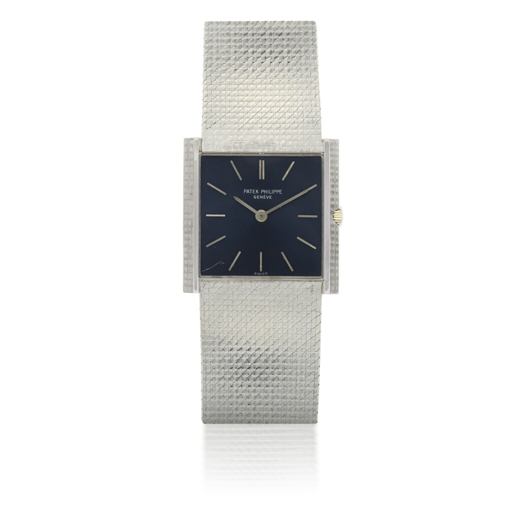 View full screen - View 1 of Lot 121. PATEK PHILIPPE | REF 3494, A WHITE GOLD SQUARE-SHAPED WRISTWATCH WITH BRACELET CIRCA 1970.
