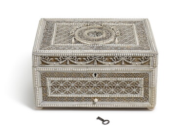 View full screen - View 1 of Lot 242. A WALRUS IVORY AND WOOD SEWING BOX, PROBABLY KHOLMOGORY, ARKHANGELSK, 18TH/19TH CENTURY.