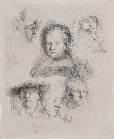 View full screen - View 1 of Lot 54. Studies of the Head of Saskia and Others (B., Holl. 365; New Holl. 157; H. 145).