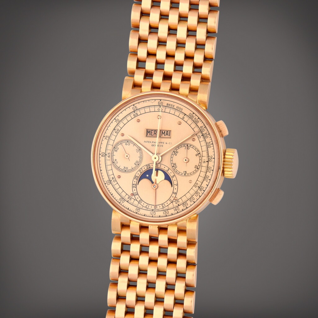 View full screen - View 1 of Lot 15. 'The Clarin Mustad', Reference 1518R | A unique pink gold perpetual calendar chronograph wristwatch with moon phases and bracelet | Made in 1944.