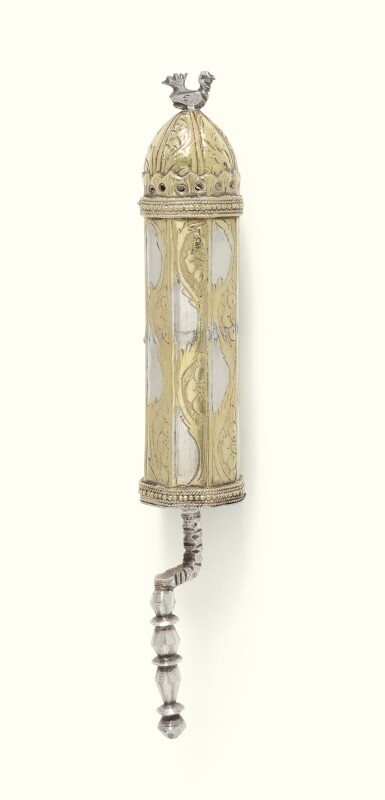 View full screen - View 1 of Lot 1. A PARCEL-GILT SILVER MINIATURE ESTHER SCROLL CASE, BAGHDAD OR INDIAN IN BAGHDADI STYLE, MID 19TH CENTURY.