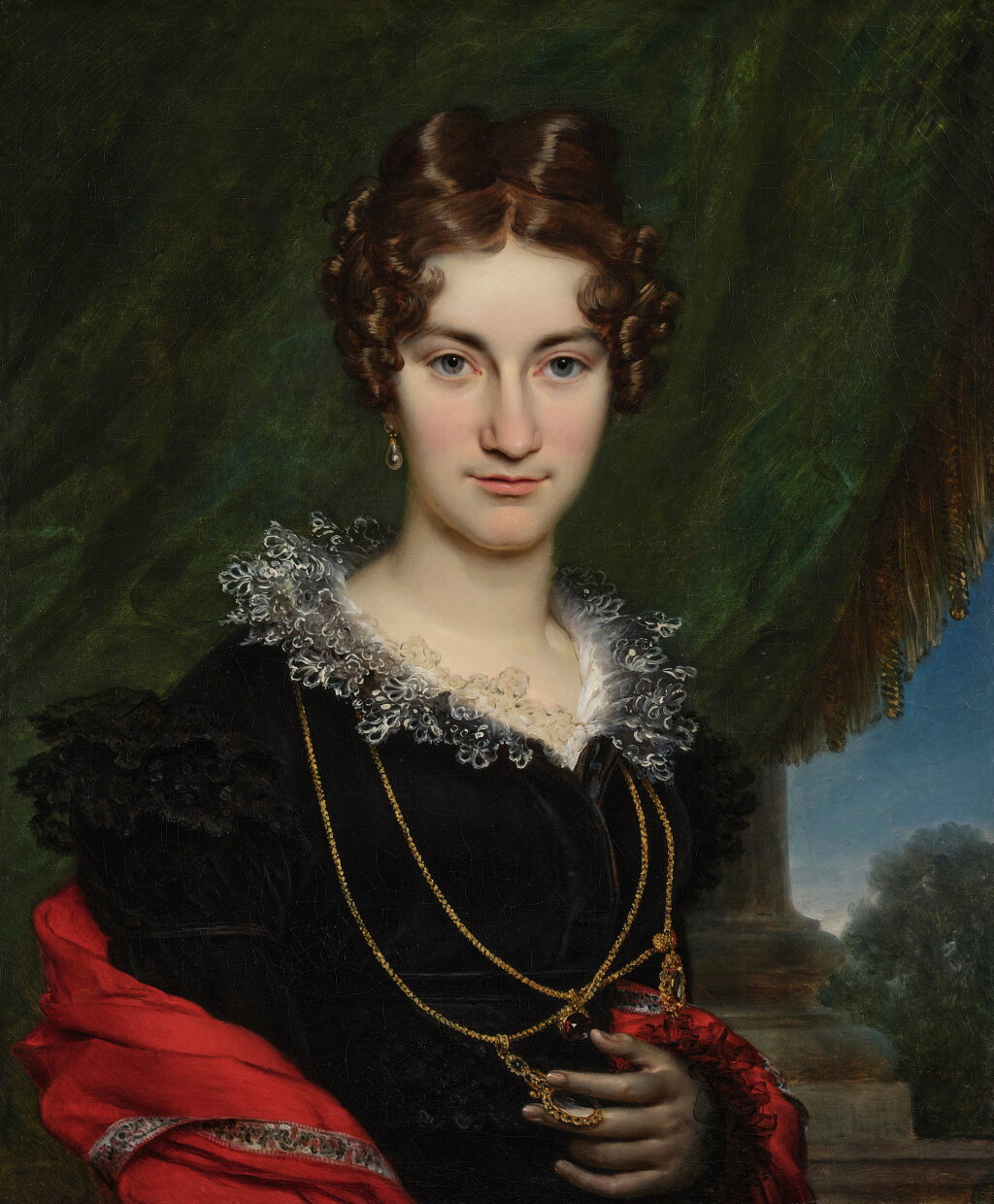 View full screen - View 1 of Lot 376. Portrait of a lady, half-length, in a velvet dress with lace trim and a red shawl.