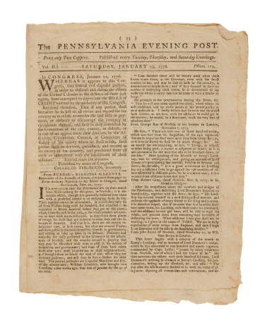 View full screen - View 1 of Lot 1059. The Pennsylvania Evening Post | A selection of 1776 issues published during the run-up to independence.