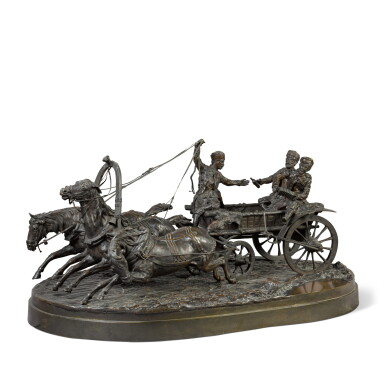 View full screen - View 1 of Lot 52. A horse-drawn wagon: a bronze figural group, Samonoff, cast by Woerffel, St Petersburg, 19th century.