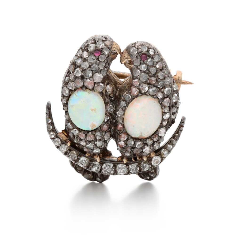 View full screen - View 1 of Lot 1. Opal, diamond and ruby brooch, 1890s.