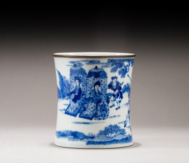 View full screen - View 1 of Lot 215. A blue and white 'court ladies' brushpot, China for the Vietnamese court, 18th-19th century | 清十八至十九世紀 外銷安南青花開光仕女花卉紋筆筒.