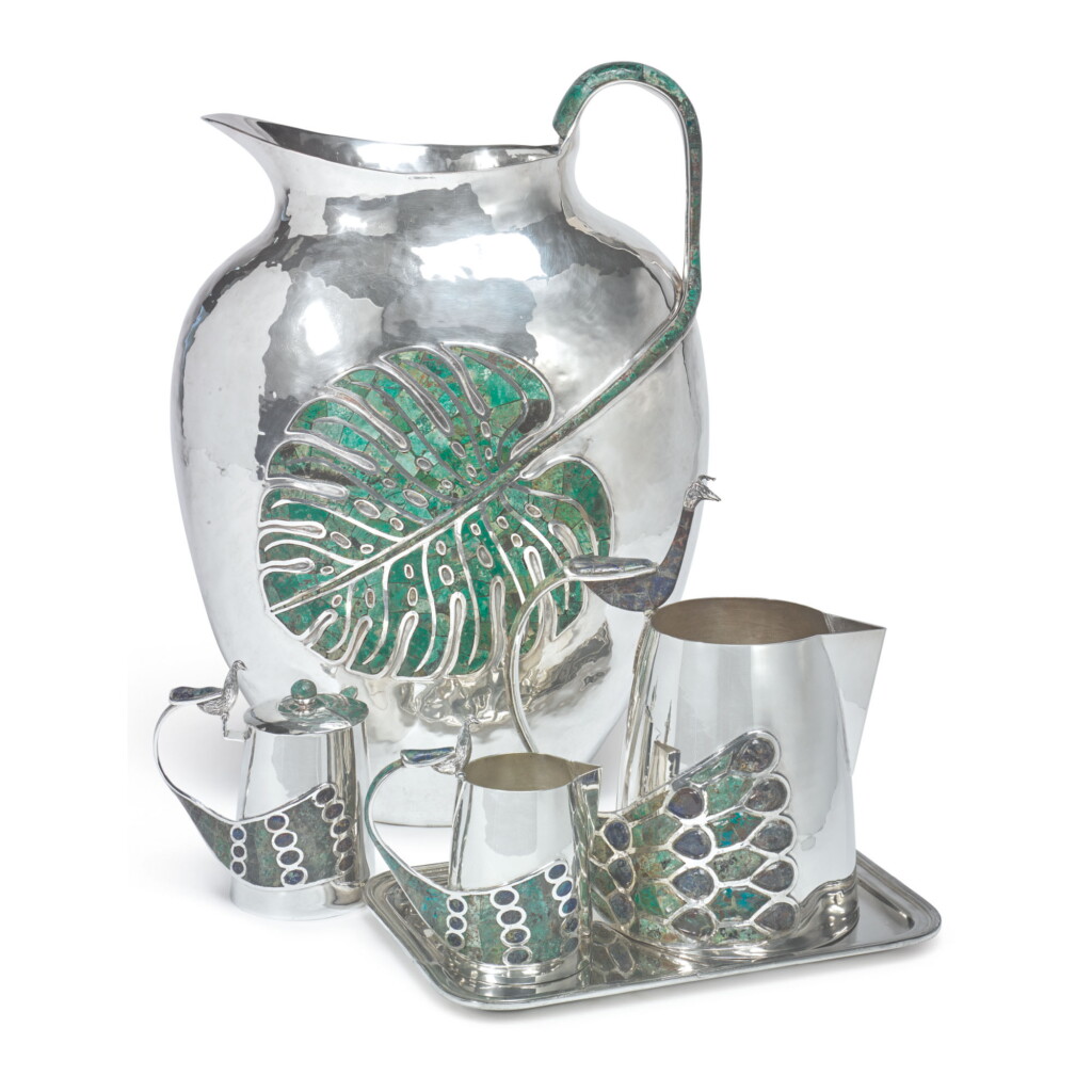 View full screen - View 1 of Lot 938. A MASSIVE MEXICAN SILVER-PLATED AND HARDSTONE PITCHER, EMILIA CASTILLO, TAXCO, 20TH CENTURY.
