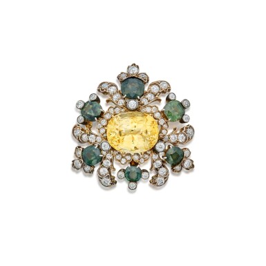 View full screen - View 1 of Lot 40. A Rare Yellow Sapphire, Zircon and Diamond Pendant-Brooch.