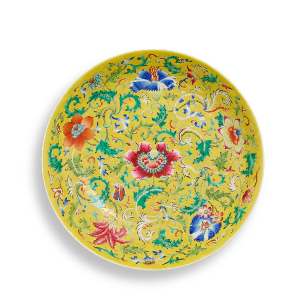 View full screen - View 1 of Lot 3347. A yellow-ground famille-rose 'floral' dish, Mark and period of Guangxu | 清光緒 黃地粉彩花卉紋盤 《大清光緒年製》款.