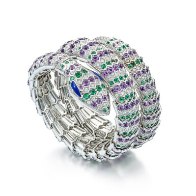 View full screen - View 1 of Lot 1889. 'Serpenti Misteriosi' Emerald, Amethyst, Lapis Lazuli and Diamond Wristwatch | 寶格麗 | ‘Serpenti Misteriosi’ 祖母綠 配 紫水晶 及 青金石 及 鑽石 腕錶.