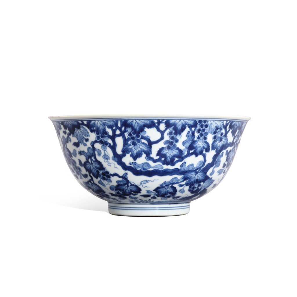 View full screen - View 1 of Lot 3330. A blue and white 'squirrel and grape' bowl, Seal mark and period of Qianlong | 清乾隆 青花松鼠葡萄圖盌 《大清乾隆年製》款.