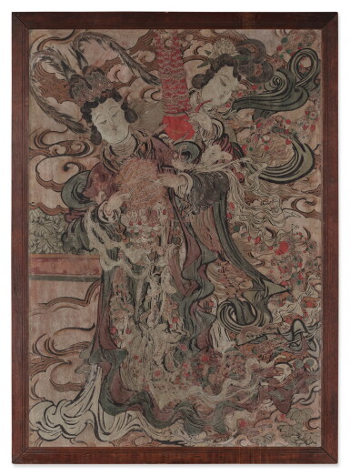 View full screen - View 1 of Lot 681. A polychrome stucco 'celestial maidens' fresco panel, Ming dynasty | 明 灰泥彩繪天女圖壁畫殘部.