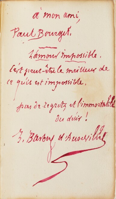 View full screen - View 1 of Lot 69. L'Amour impossible. 1884. envoi et lettre autographe signée de Barbey à Paul Bourget.