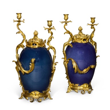 View full screen - View 1 of Lot 110. A pair of Louis XV style gilt-bronze mounted porcelain two-light candelabra, late 19th century.