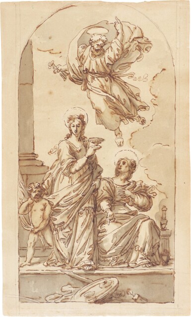 View full screen - View 1 of Lot 138. Altarpiece design with St. Peter appearing to a kneeling St. Agatha, St. Lucy standing with an angel to her right.