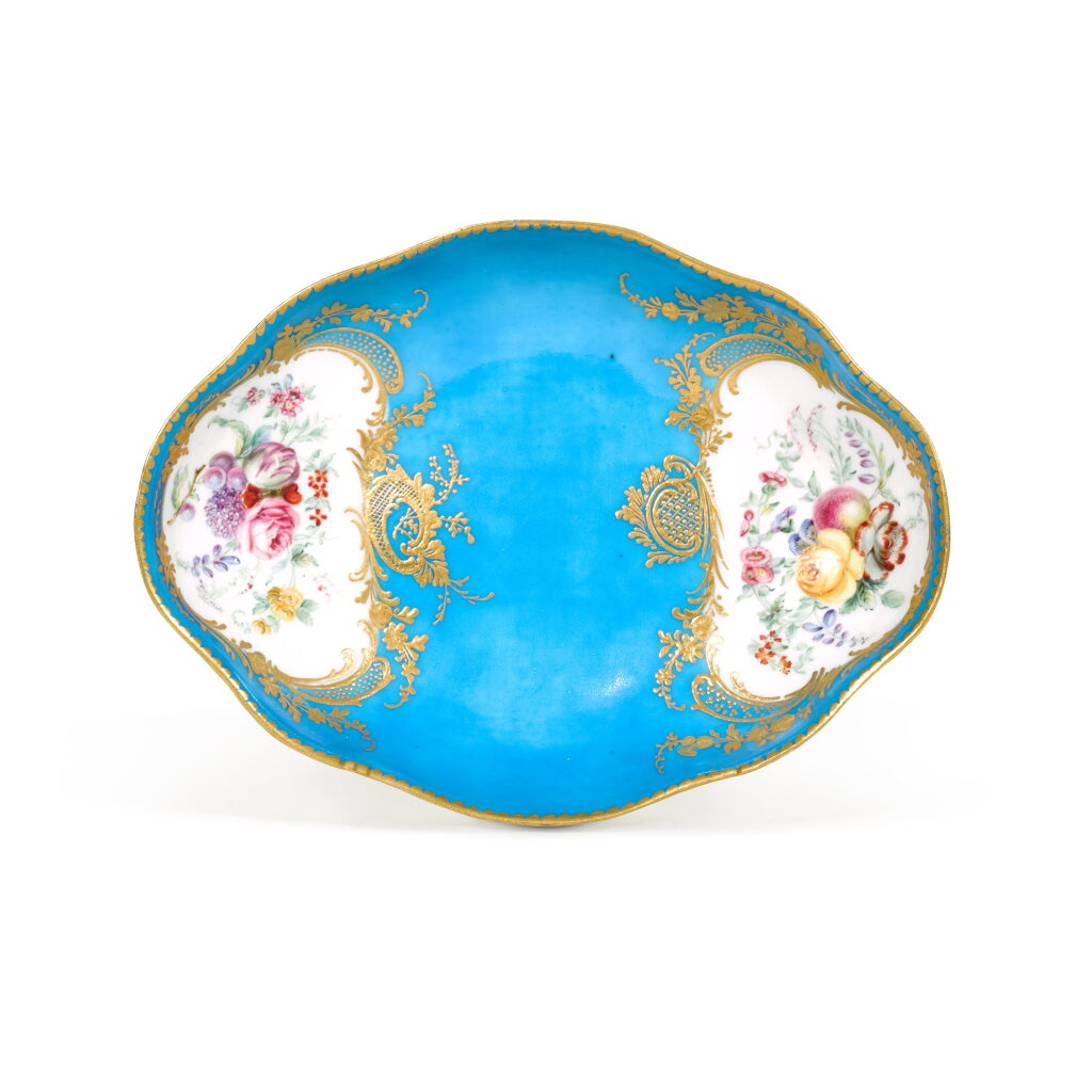 View full screen - View 1 of Lot 156. A Sèvres bleu céleste shaped oval dish or stand, probably circa 1767.