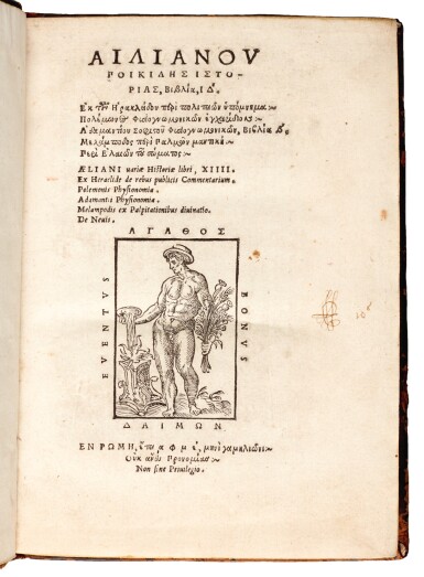 View full screen - View 1 of Lot 133. Aelianus, Varia Historia, Rome, 1545, armorial calf for Herbert of Cherbury, Powis copy.