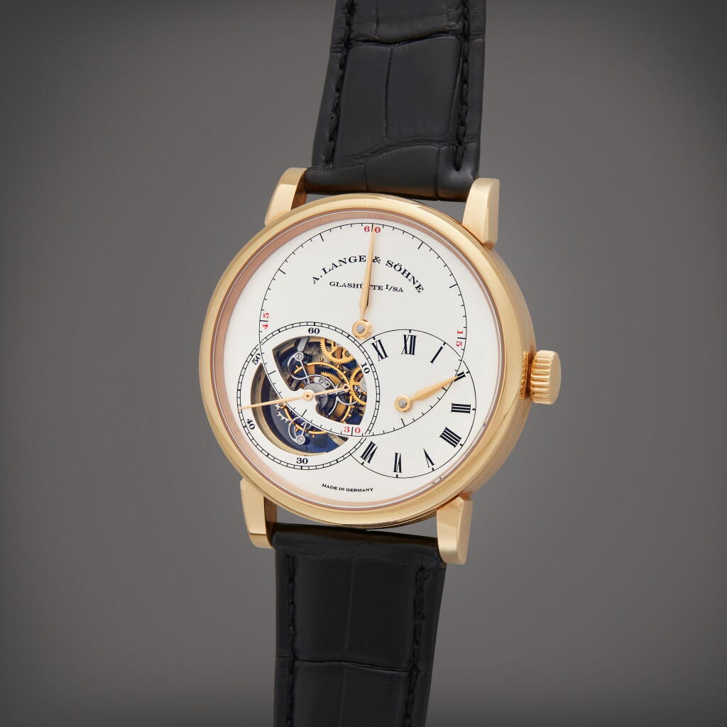 View full screen - View 1 of Lot 74. Reference 760.032F Richard Lange Tourbillon 'Pour le Mérite' | A pink gold tourbillon wristwatch with chain and fusée and regulator dial, Circa 2014.