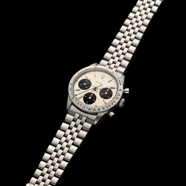 View full screen - View 1 of Lot 64. Reference 6239 Daytona 'Solo' | A stainless steel chronograph wristwatch with bracelet, Circa 1964 | 勞力士 6239 型號 Daytona 'Solo' | 精鋼計時鍊帶腕錶,約1964年製.