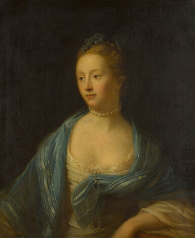 View full screen - View 1 of Lot 43. Portrait of the Hon. Catherine Windsor (née Archer), Countess of Plymouth (1727–1790), half-length, wearing a white dress, a blue shawl worked with silver threads and a matching cap.