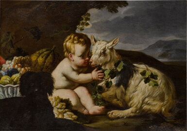 View full screen - View 1 of Lot 47. A young boy with a goat and a black dog in a landscape.