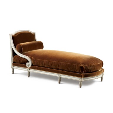 View full screen - View 1 of Lot 109. A Louis XVI carved and white painted beechwood daybed, by Jacques-Jean- Baptiste Tilliard, circa 1780-95.