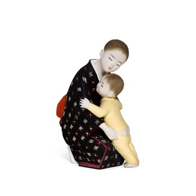 View full screen - View 1 of Lot 1681. A Japanese Hakata (Hakata ningyo) model of a mother and child, Showa period, 20th century .