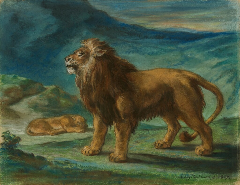 Eugène Delacroix — Lion et lionne dans les montagnes