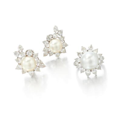 View full screen - View 1 of Lot 42. Cultured pearl and diamond demi-parure (Demi-parure con perle coltivate e diamanti).