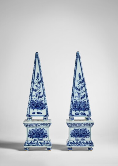 View full screen - View 1 of Lot 141. A Pair of Dutch Delft Blue and White Models of Obelisks, circa 1730.