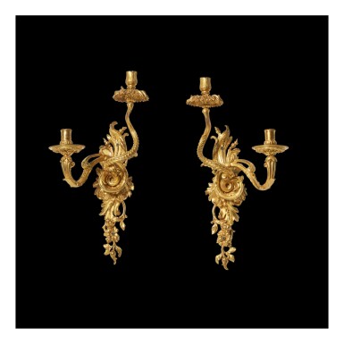 View full screen - View 1 of Lot 169. A PAIR OF RÉGENCE GILT-BRONZE TWO-LIGHT BRAS DE LUMIÈRE IN THE MANNER OF ANDRE-CHARLES BOULLE AND HIS WORKSHOP, CIRCA 1715.