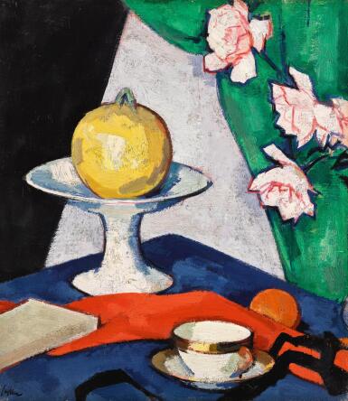 View full screen - View 1 of Lot 39. SAMUEL JOHN PEPLOE, R.S.A. | STILL LIFE WITH ROSES (RECTO); STILL LIFE WITH TEAPOT AND FRUIT (VERSO).