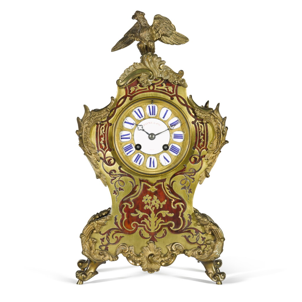 View full screen - View 1 of Lot 50. A Louis XV-style gilt-bronze mounted turtleshell contra-boulle mantel clock, circa 1860.
