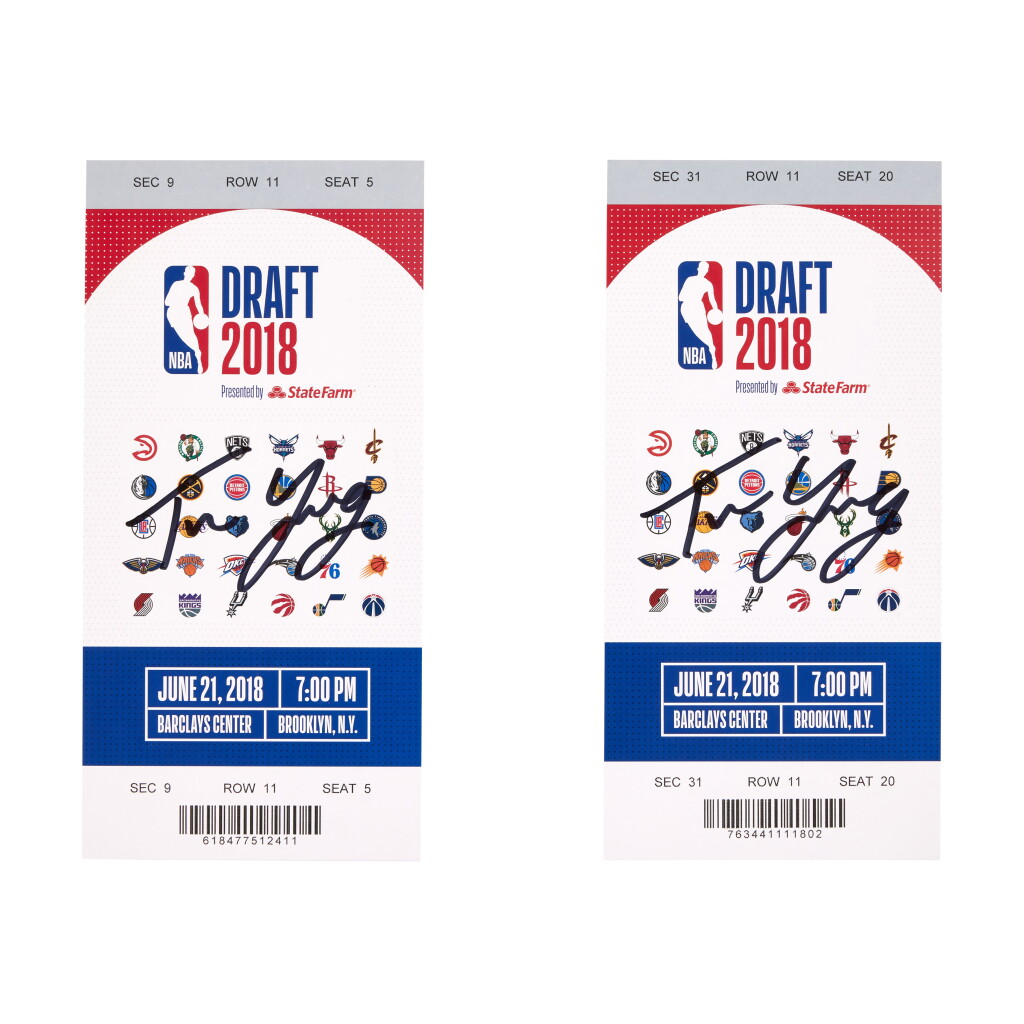 View full screen - View 1 of Lot 215. Trae Young 2018 Signed NBA Draft Tickets and Photo .