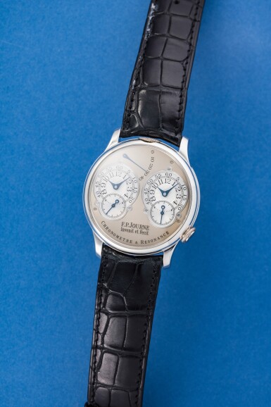 View full screen - View 1 of Lot 165. Chronomètre à Résonance | A platinum dual time zone wristwatch with power reserve indication and brass movement, Circa 2000 | F.P. Journe Chronomètre à Résonance | 鉑金兩地時間腕錶備動力儲存顯示及黃銅機芯,約2000年製.