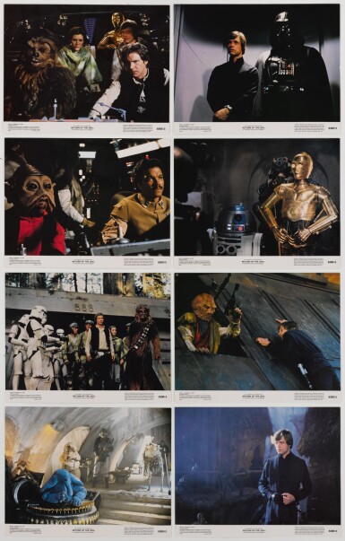 View full screen - View 1 of Lot 94. RETURN OF THE JEDI, SET OF 8 LOBBY CARDS, US, 1983.