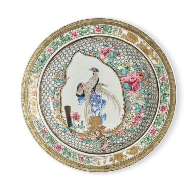 View full screen - View 1 of Lot 153. A Chinese Famille-Rose 'Egg shell' 'Pheasants' Plate, Qing Dynasty, Yongzheng Period | 清雍正 粉彩開光錦鷄花卉圖盤.