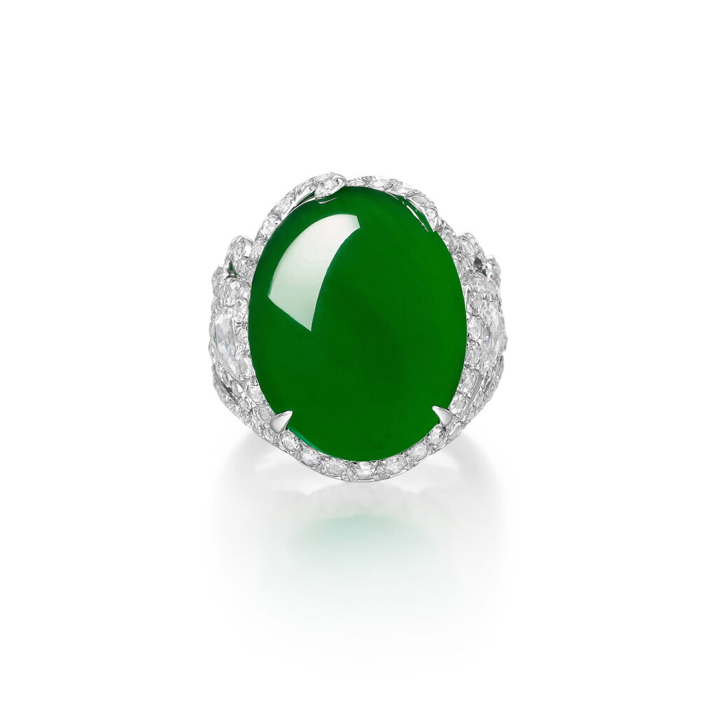 View full screen - View 1 of Lot 1864. 'Zephyrs' 'Imperial Green' Jadeite and Diamond Ring | 'Zephyrs' 天然「帝王綠」翡翠 配 鑽石 戒指.