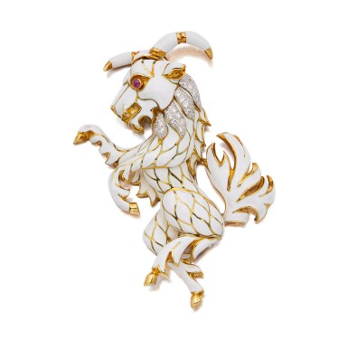 View full screen - View 1 of Lot 29. Gold, Enamel, Ruby and Diamond Clip-Brooch.