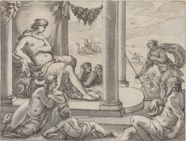 View full screen - View 1 of Lot 418. Mythological scene with an enthroned goddess visited by a shepherd.