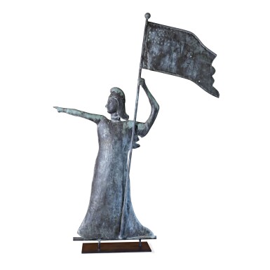 View full screen - View 1 of Lot 25. VERY FINE AND RARE MOLDED FULL-BODIED SHEET COPPER AND ZINC GODDESS OF LIBERTY WEATHERVANE, NORTHEASTERN UNITED STATES, CIRCA 1915.
