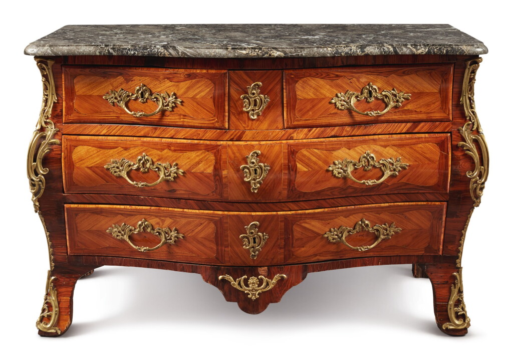 View full screen - View 1 of Lot 359. A LOUIS XV GILT-LACQUERED BRONZE MOUNTED KINGWOOD AND TULIPWOOD COMMODE.