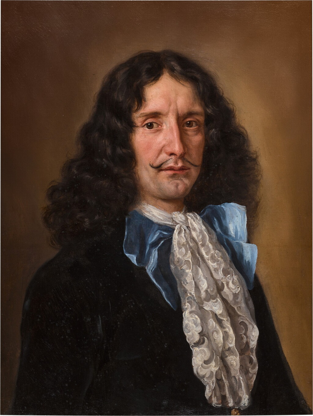 View full screen - View 1 of Lot 310. Portrait of a gentleman wearing a dark jacket and lace jabot with a blue ribbon.