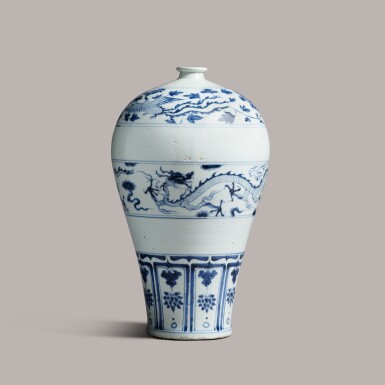 View full screen - View 1 of Lot 343. A rare blue and white 'dragon and phoenix' meiping Yuan Dynaysty | 元 青花龍鳳紋梅瓶.