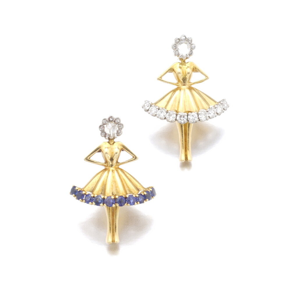 View full screen - View 1 of Lot 486. VAN CLEEF & ARPELS | TWO GEM SET AND DIAMOND BROOCHES, 'BALLERINA', 1950S.