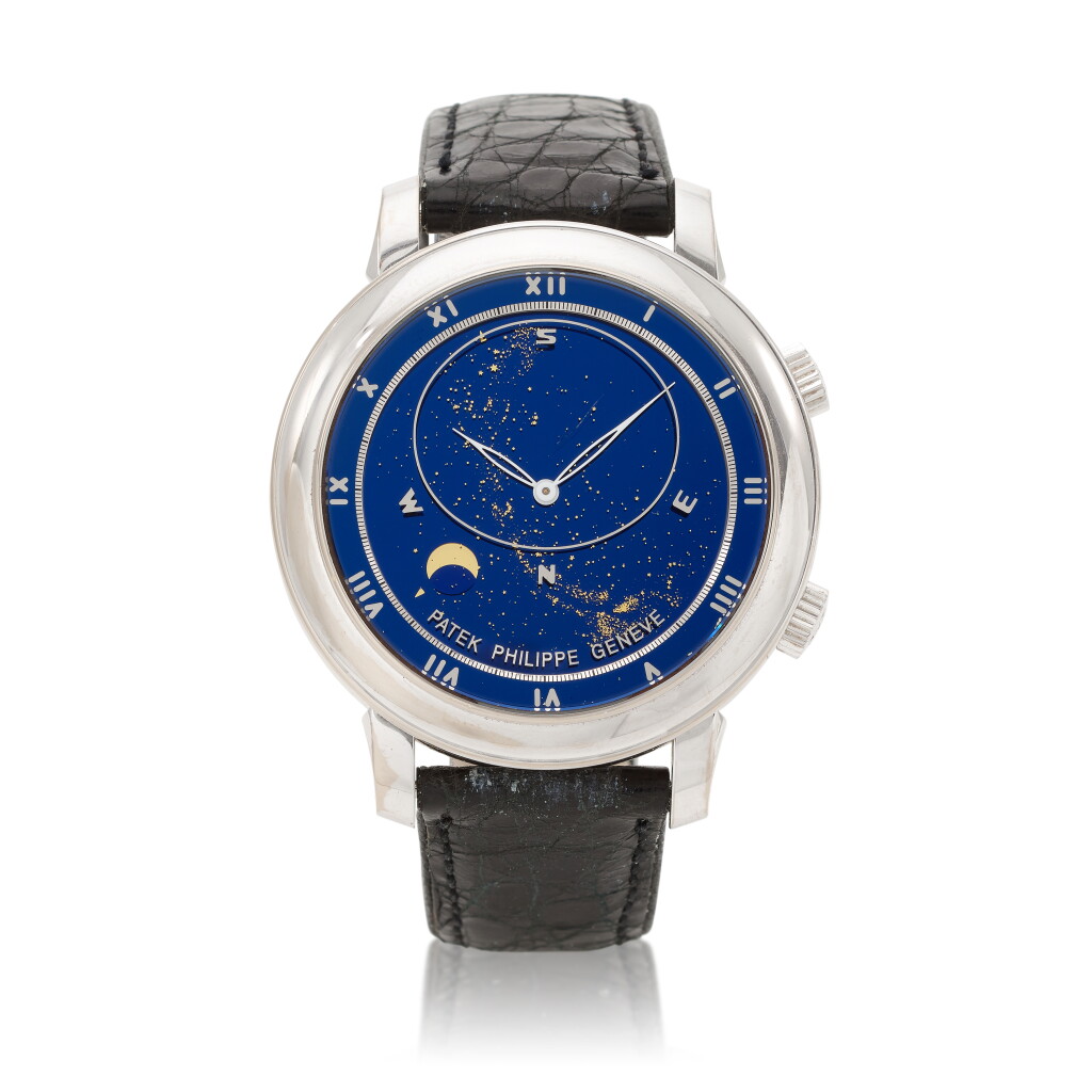 View full screen - View 1 of Lot 170. Reference 5102 Celestial | A rare white gold astronomical wristwatch with sky chart, phases and orbit of the moon including time of meridial passage of Sirius moon, likely a pre-production model, Circa 2002 | 百達翡麗 5102 型號 Celestial | 罕有白金天文腕錶,備星體運行、月相及月球運行軌道,包括天狼星及月亮中天軌跡,可能為生產前模型,約2002年製.