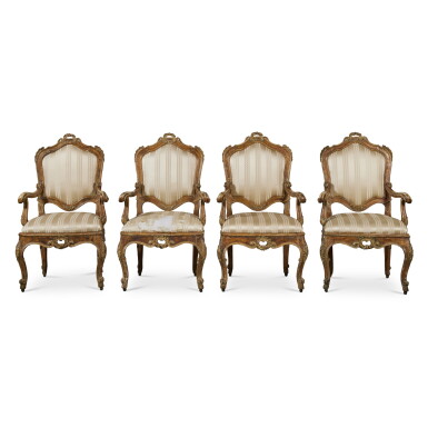 View full screen - View 1 of Lot 329. A Set of Four Venetian Rococo Red Lacquer and Parcel-Gilt Armchairs, Mid-18th Century.