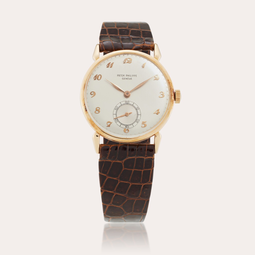 View full screen - View 1 of Lot 398. A pink gold wristwatch, Circa 1945.