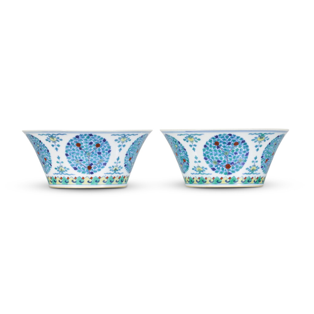 View full screen - View 1 of Lot 8. A fine pair of doucai 'fruit' medallion bowls, Seal marks and period of Jiaqing.